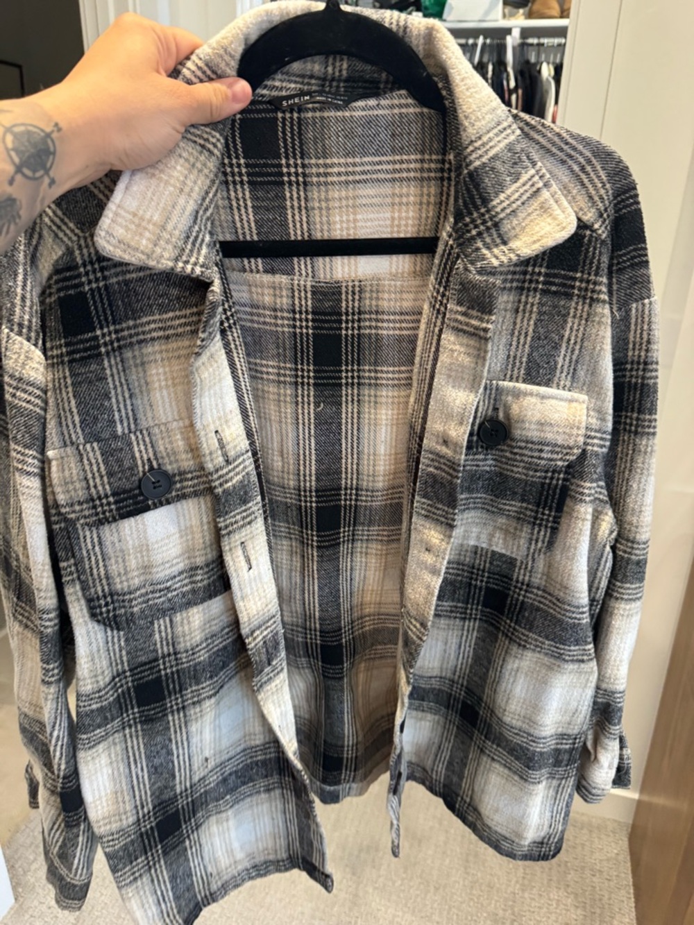 SHEIN Black and Cream Plaid Button-Front Shacket